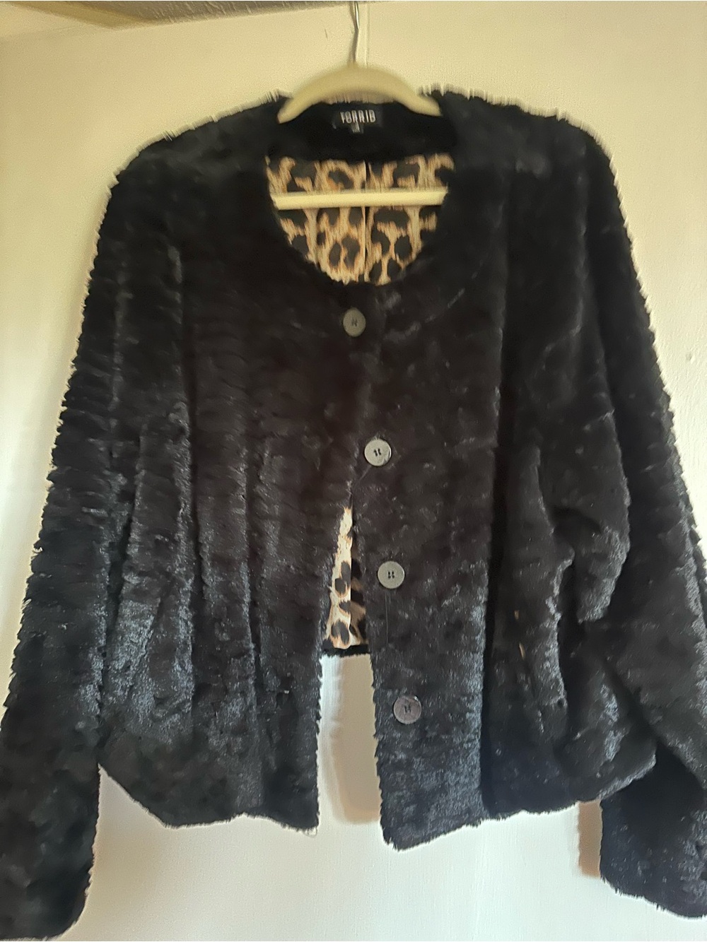 torrid Black Plush Button-Front Teddy Jacket with Leopard Lining